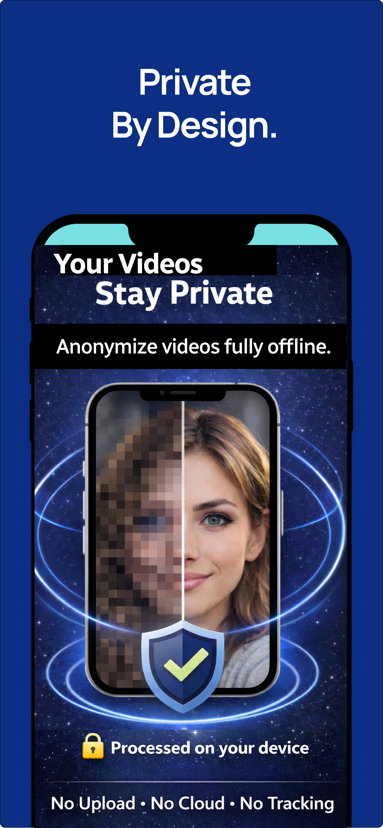 Private BlurCam screenshot showing private by design and processed on your device