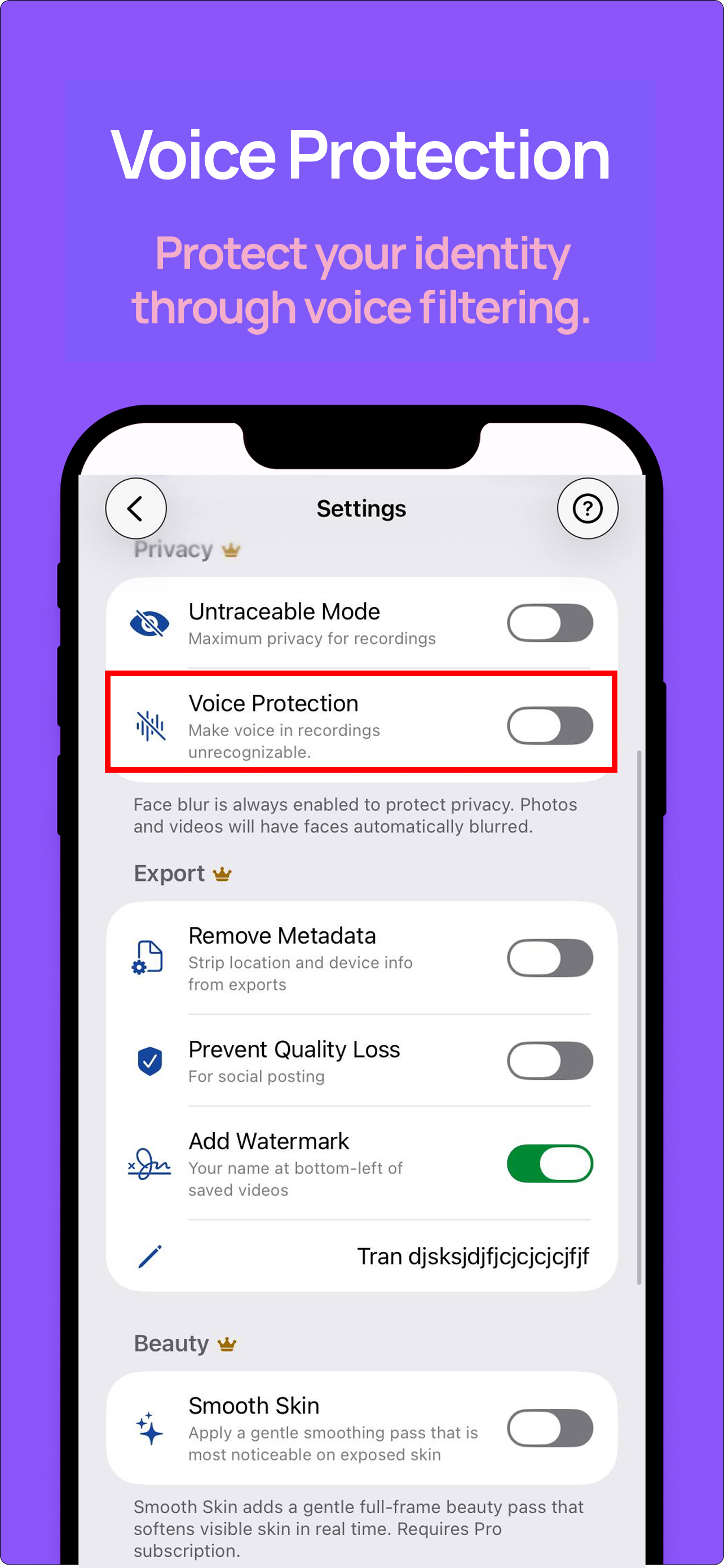 Private BlurCam screenshot showing Untraceable Mode