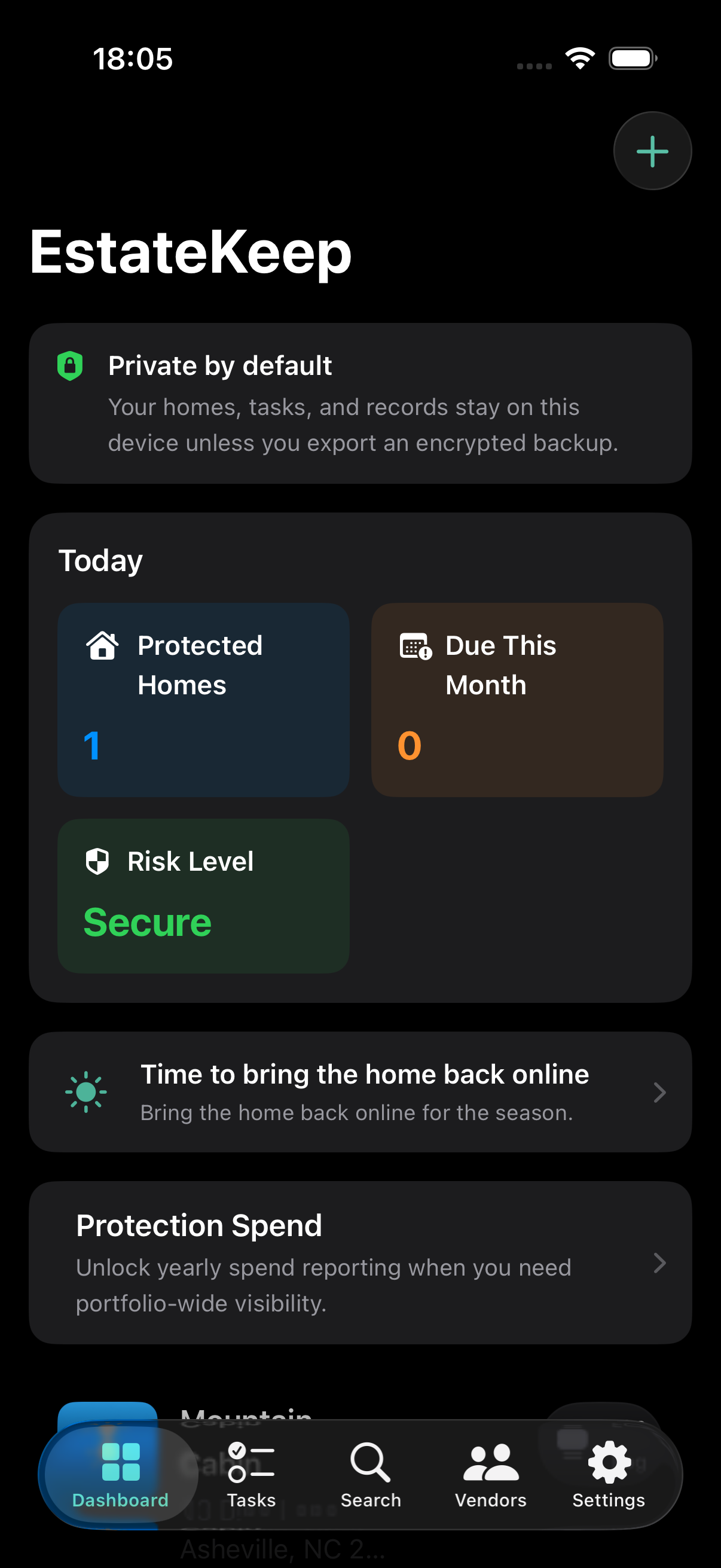 EstateKeep dashboard showing protected homes and remote protection risks