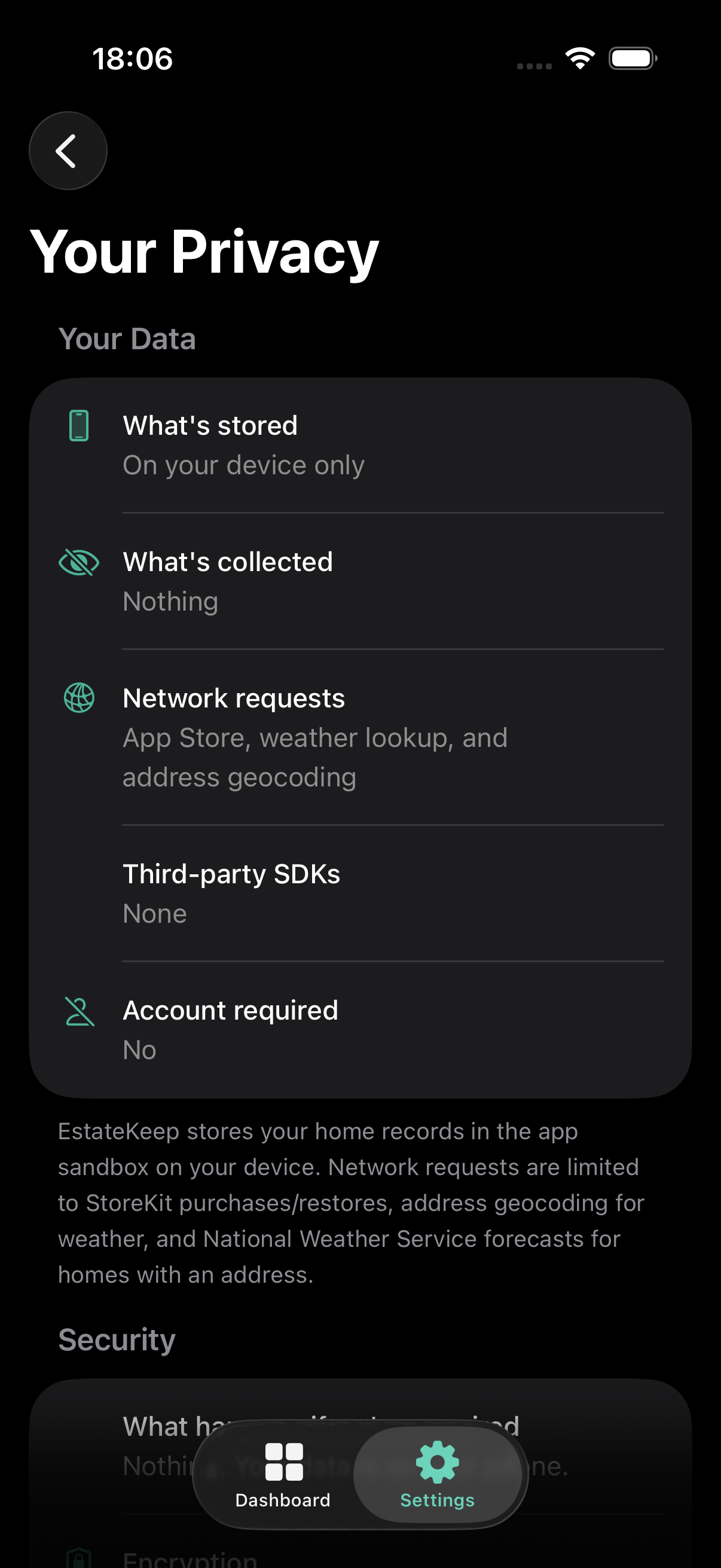EstateKeep privacy screen showing on-device storage and no data collection