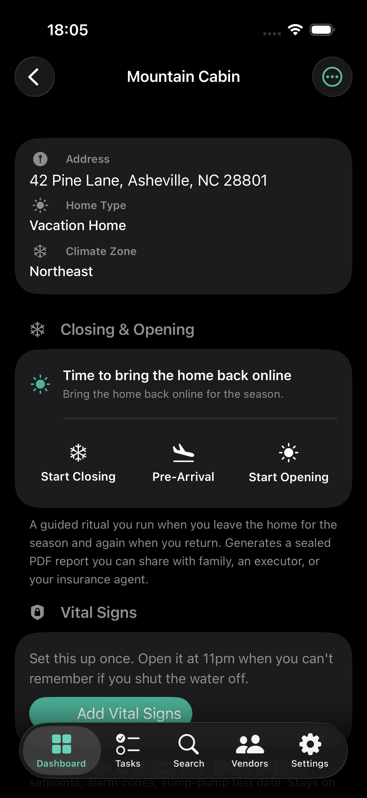 EstateKeep property detail showing closing trip, tasks, rooms, and vendors
