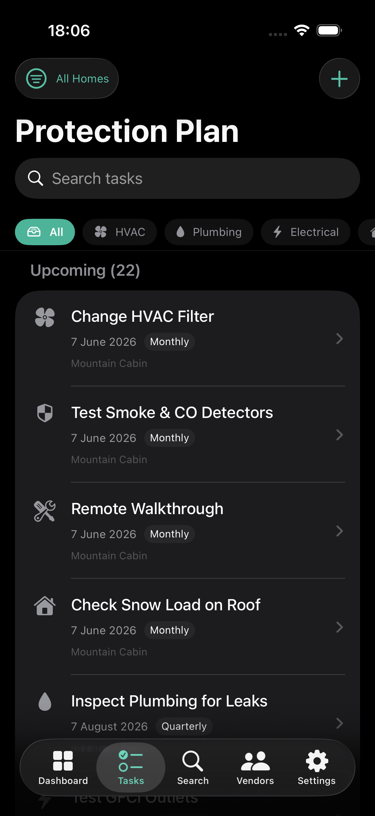 EstateKeep task list showing maintenance work across properties